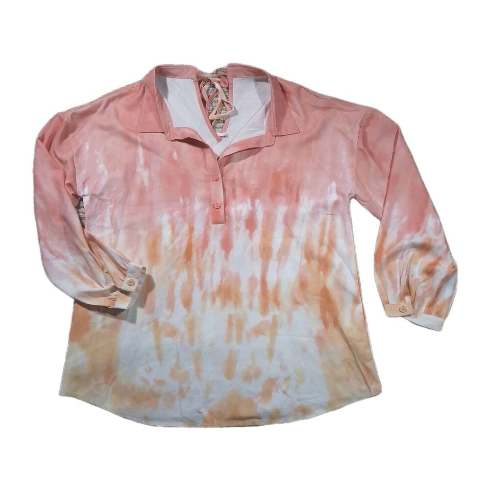 Womens Medium Tie Dye Long Sleeve Shirt Boho Orange Pink Lace Up Back V-Neck Top